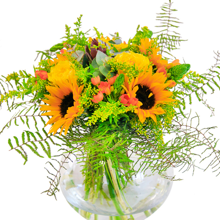 The moment your eyes meet this stunning floral arrangement, you're greeted by a rush of sunlight-an impression intensified by the joyful sunflowers rising proudly above the bouquet, their rich yellow petals and deep brown hearts radiating a lively, positive energy. Layered alongside, golden yellow garden roses unfurl in delicate spirals, their textured blooms exuding a timeless elegance and echoing the blooms found in cherished Sands End allotments. Scarlet clusters of Hypericum berries are artfully woven through, their gleaming skins standing out vividly among the lush greenery, much like the unexpected pops of red you might find along local footpaths in bloom. Feathery ferns arch gracefully outward, softening the silhouette and adding gentle movement suggestive of breezy afternoons strolling past South Park. Wisps of pale green filler-possibly goldenrod-and muted eucalyptus leaves contribute softness and depth, lending a hint of rustic charm. The clear, globe-shaped vase holds each stem in perfect clarity, grounding the vivid arrangement while allowing fresh water to glimmer beneath. With a fragrance that is subtle yet evocative-notes of sweet rose, fresh foliage, and earthy undertones-this bouquet is crafted for meaningful moments: milestone celebrations, heartfelt thank-yous, or simply to add a touch of radiance to a Sands End home. Each detail thoughtfully arranged by a local expert, it invites joy into any space.