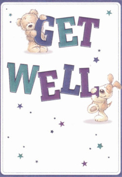 The gentle optimism of Sands End shines through in this beautifully illustrated get well card, crafted with a sense of comfort reminiscent of a bouquet prepared by a caring hand. Centered on the crisp white card are a soft, honey-coloured bear and a frolicsome puppy, each poised around bold, playful letters spelling 'Get Well.' The bear clings sweetly to the top of the curving purple 'G', while the puppy noses affectionately at the teal 'WELL' below, their faces glowing with expressions of sincere hope. Around them, glimmers of star-shaped accents in midnight and periwinkle blue dance across the background, much like twinkling lights seen at dusk along Imperial Wharf. The warmth conveyed by the characters' rounded edges and fluffy textures recalls the comfort one feels when receiving a fresh bouquet on a challenging day. Every detail-down to the contrasting, jewel-toned text-has been thoughtfully composed to uplift the recipient, much as our florists in Sands End carefully assemble blooms to brighten homes from Townmead Road to Wandsworth Bridge. The card's composition radiates lightness and clarity, offering a visual embrace that gently reassures and heals.