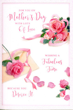 This Mother's Day card presents a scene that feels as intimate as a bouquet being wrapped by hand in a Sands End flower shop. The background is a soft, creamy white that lets every blush pink rose stand out clearly, like blooms arranged on plain florist paper before being tied with ribbon. A cluster of roses lies slightly off-centre, their petals overlapping in gentle spirals of colour from pale powder pink to a more saturated rose hue, suggesting lush, fragrant heads at the peak of their beauty. Around the central blooms, loose petals and smaller roseheads are scattered as if caught in a light breeze, creating a whimsical trail across the card's surface. A delicate pastel ribbon threads its way between the flowers, looping and curling with a natural ease that mirrors the sweep of a florist's hand, adding a soft sheen and a touch of ceremony. Hand-lettered script in flowing calligraphy carries a warm Mother's Day greeting, the lines and curves of each word echoing the shapes of the petals themselves, so text and flowers feel harmoniously entwined. The overall lighting is gentle and inviting, like soft daylight drifting into a home off Townmead Road, lending a quiet radiance to every petal and fold of ribbon. This card evokes the emotion of presenting a freshly arranged bouquet for Mum, perfectly suited to accompany local flower delivery across Sands End, Imperial Wharf, and neighbouring Fulham, where pink roses and thoughtful words come together to celebrate her kindness and love.
