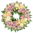 Photographed against a clean white background, this richly detailed funeral wreath presents a flawless ring of roses and foliage, designed as a gentle expression of sympathy and remembrance. The composition is tightly woven, with blossoms placed so closely together that the surface looks almost like a continuous tapestry of soft colour. Generous, open-faced roses in creamy ivory and cool white form the main structure, their layered petals curling outward in graceful, rounded shapes. These are interlaced with petite blush pink spray roses, which appear in tiny buds, partially opened blooms, and small clusters, adding intricate detail and a sense of natural rhythm. Pale peach and buttery yellow roses are threaded through the design, bringing a comforting warmth that softens the overall pastel palette. Standing out subtly are roses in dusty lavender and muted mauve, their antique tones echoing cherished memories and giving the wreath a refined, timeless character. All of the blooms rest on a bed of lush, dark green fern fronds and similarly fine foliage that frames the flowers, peeking through just enough to define the edges and add contrast, texture, and freshness. The wreath's perfect circular shape, with its open centre, quietly evokes eternity and the enduring nature of love beyond loss. Under gentle, even lighting, the colours remain soft yet clear, with each petal's velvety texture and each fern's feathery outline visible. This is the kind of serene, handcrafted tribute a family in Sands End might select for a funeral, cremation service, or memorial gathering when words alone feel insufficient.
